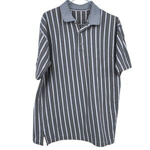 Vintage 90s Geometric Aztec Striped Polo Shirt Gray White Brown Vtg LARGE
